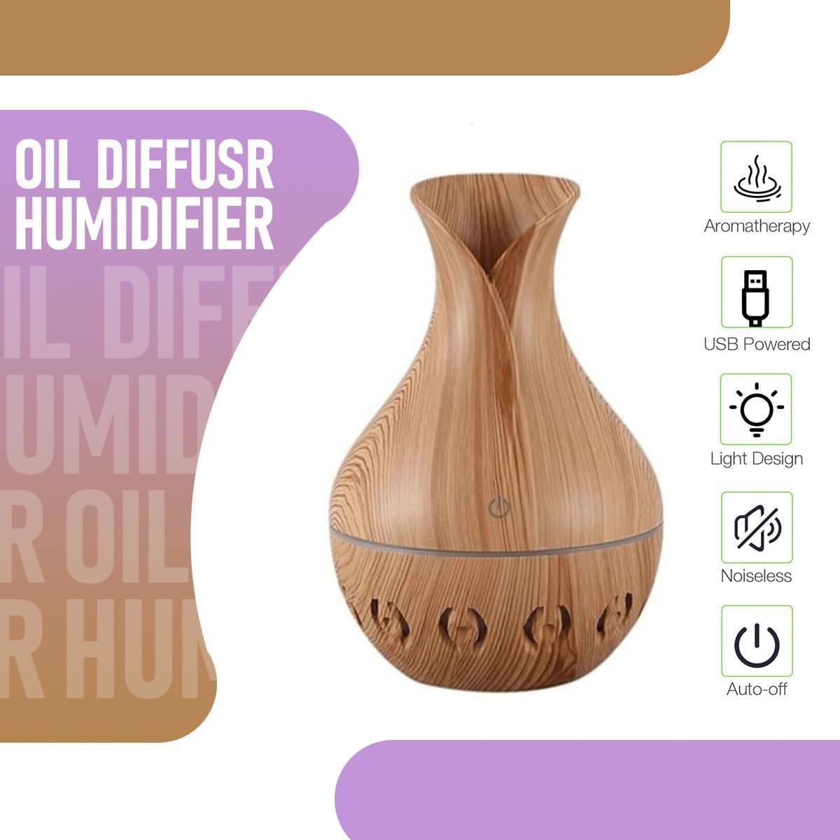 hanso Mini Ultrasonic Atomizer USB Aroma Diffuser, Portable, Stylish Humidifier with LED Night Light, Perfect for Home, Office, Nursery, 200ml Capacity, Super Quiet Operation, 5V, 3W (Light Brown)