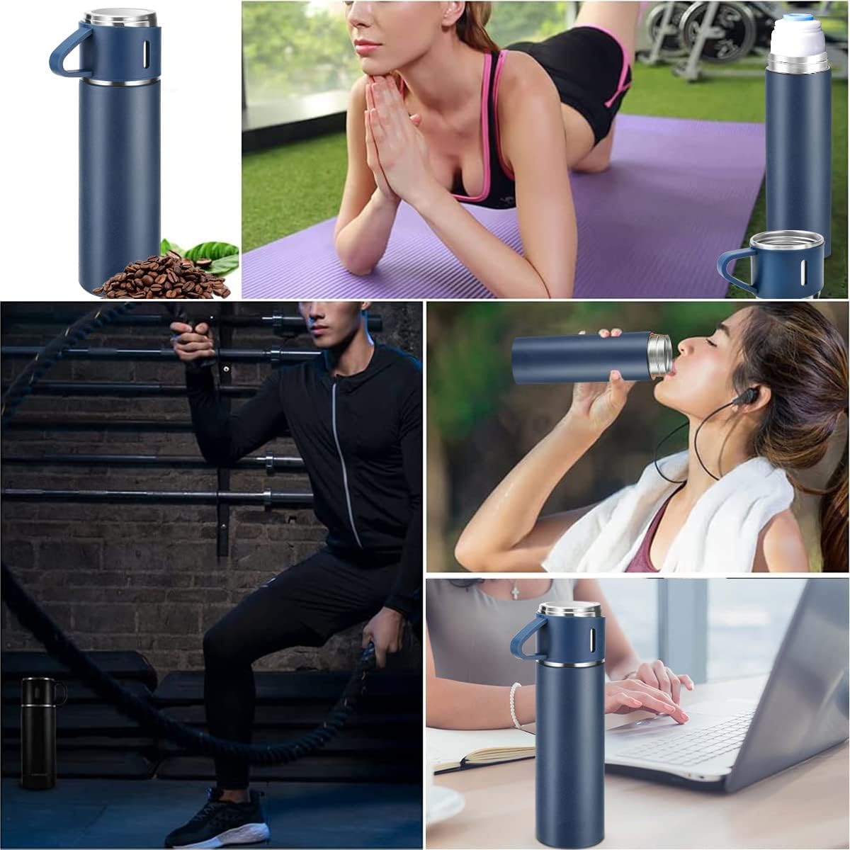 ZMHQLPDZ Coffee Thermos Stainless Steel Vacuum-Insulated Water Bottle, 500ml/16.9oz Insulated Bottle with Cup for Hot & Cold Drink Travel Mug (Blue, Three Cup)