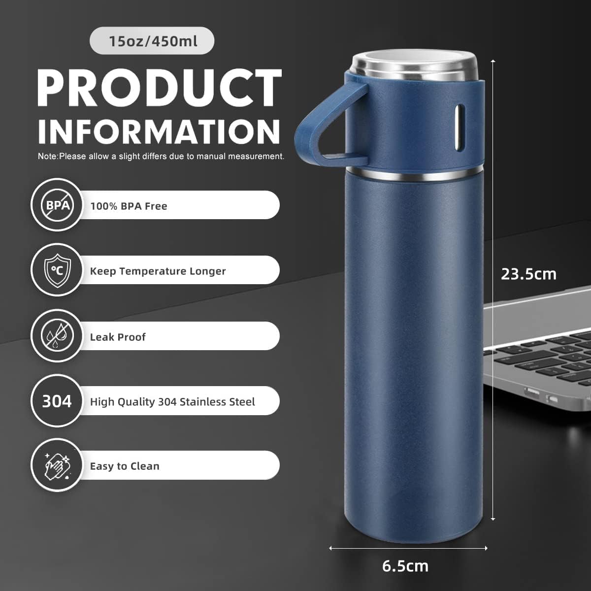 ZMHQLPDZ Coffee Thermos Stainless Steel Vacuum-Insulated Water Bottle, 500ml/16.9oz Insulated Bottle with Cup for Hot & Cold Drink Travel Mug (Blue, Three Cup)