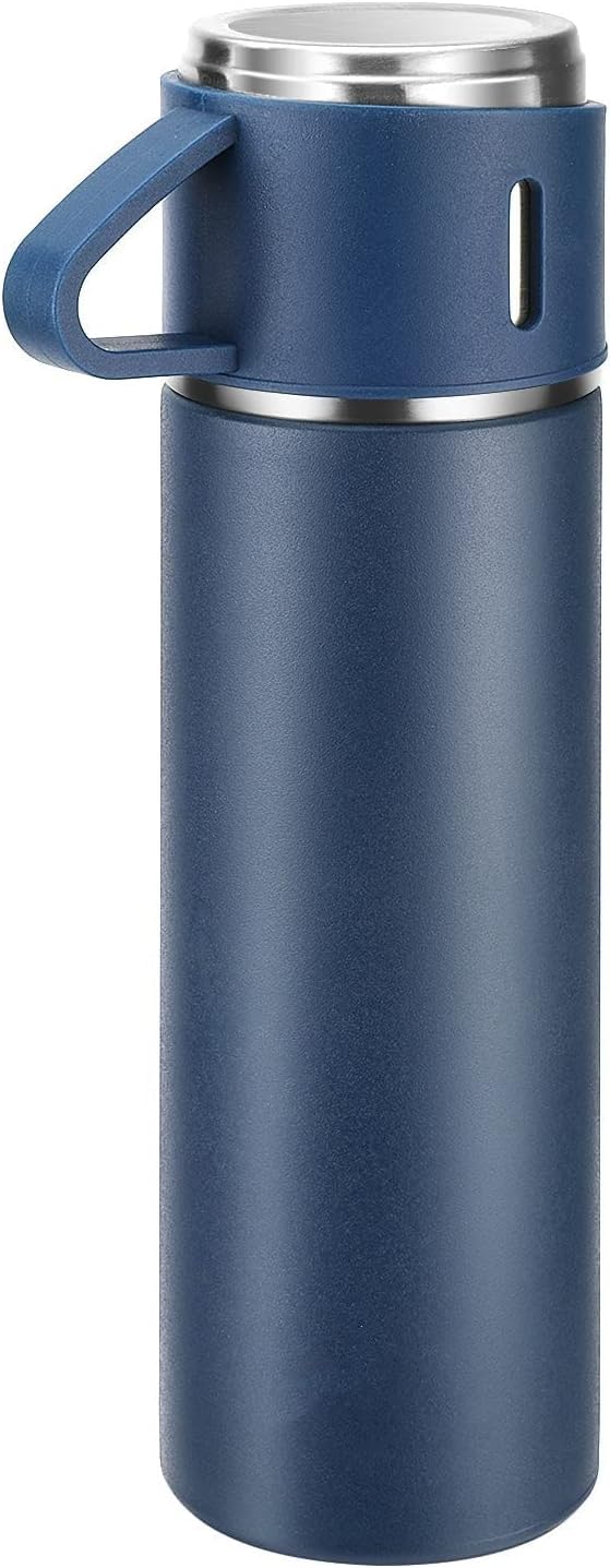 ZMHQLPDZ Coffee Thermos Stainless Steel Vacuum-Insulated Water Bottle, 500ml/16.9oz Insulated Bottle with Cup for Hot & Cold Drink Travel Mug (Blue, Three Cup)