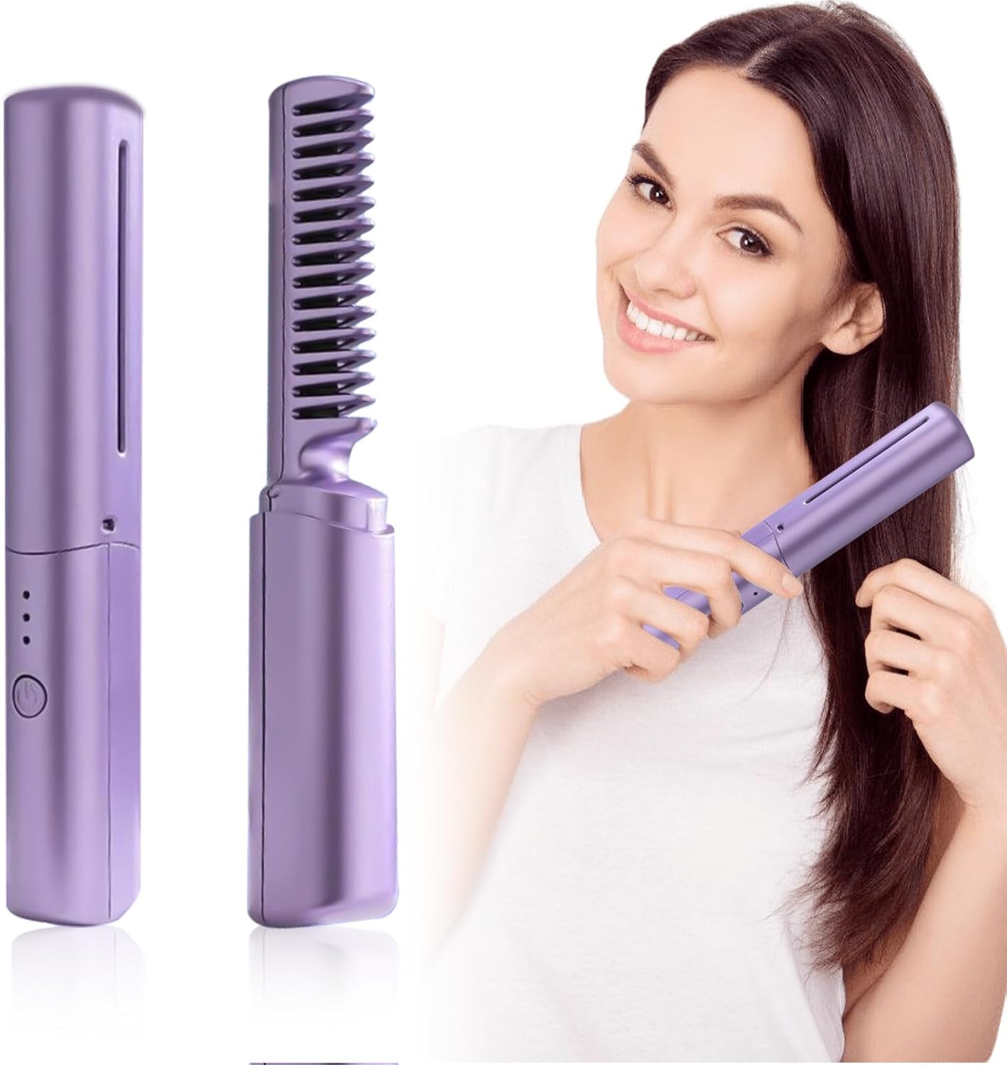 Leikurvo Hair Straightener Brush Mini Straightener 2-in-1 Straightening Brush Portable Wireless Hair Straightener with 3 Adjustable Temperatures Electric Straightening Brush Beard Straightener Hair