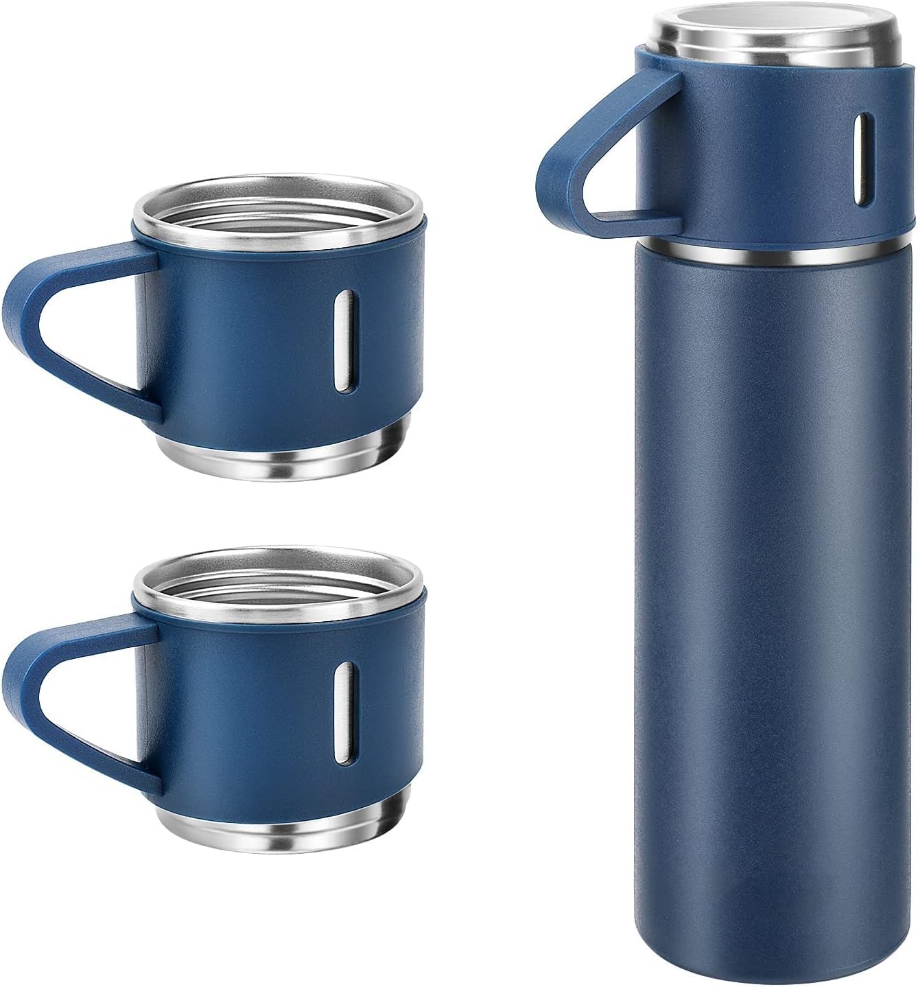 ZMHQLPDZ Coffee Thermos Stainless Steel Vacuum-Insulated Water Bottle, 500ml/16.9oz Insulated Bottle with Cup for Hot & Cold Drink Travel Mug (Blue, Three Cup)