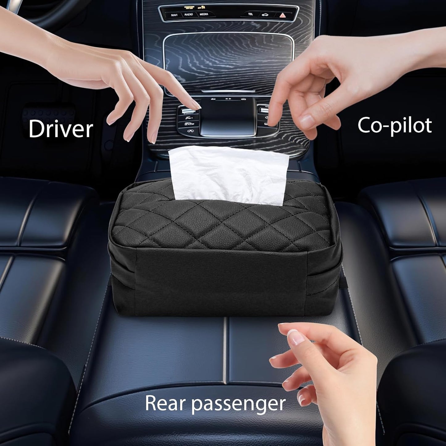 Tecfino Car Tissue Holder, PU Leather Tissue Box Cover Rectangular for Car, Car Tissue Box Holder for Car Backseat, Tissue Holder for Car Organization Accessories, 9.5'' x 3.9'' x 5.5'' (Black)