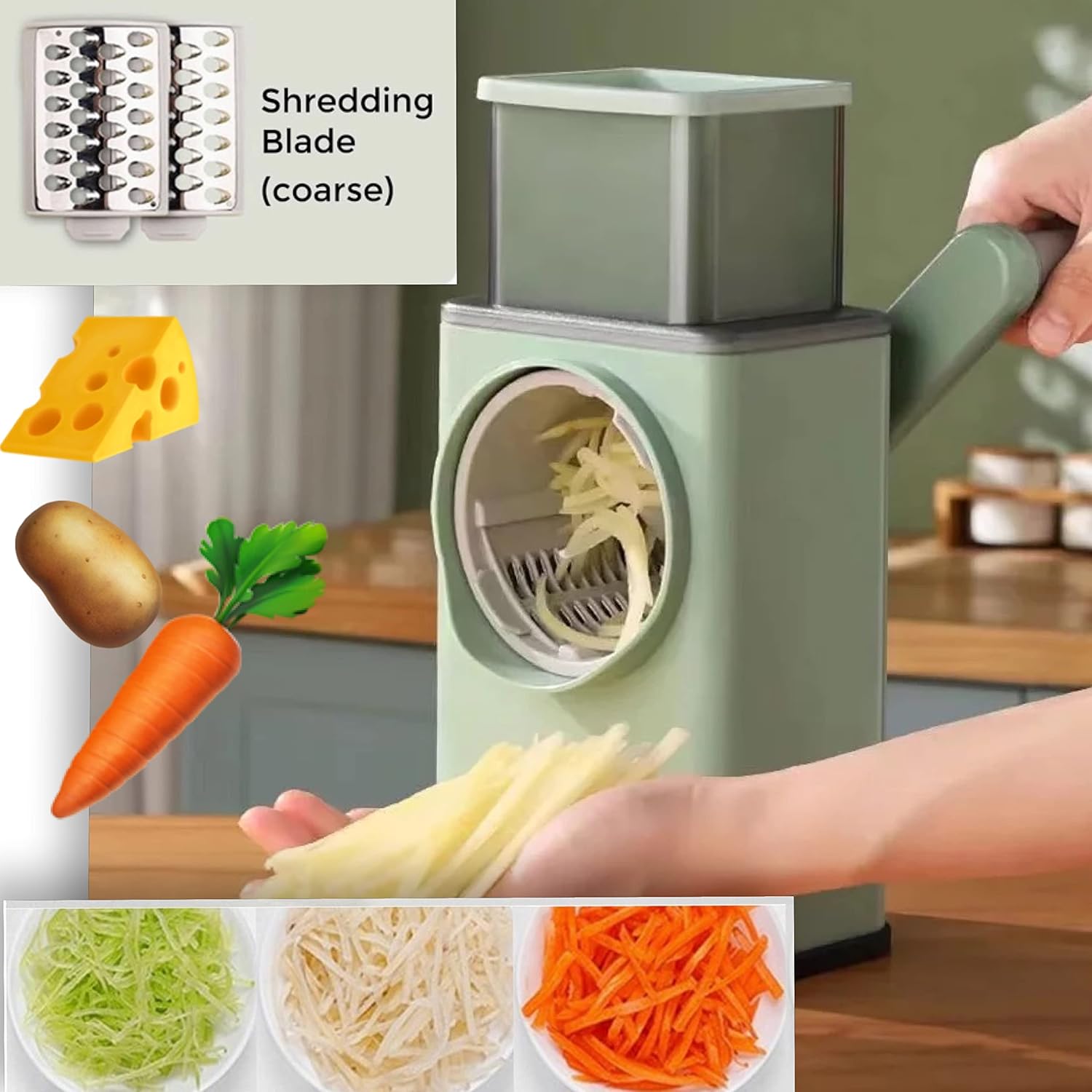 Manual Upgraded Rotary Cheese Grater, Vegetable Slicer Cutter With 3 Stainless Steel Drum Blades High Quality - Shredder for Vegetable, Nuts, Chocolate, Potatoes with Cleaning Brush (Green)